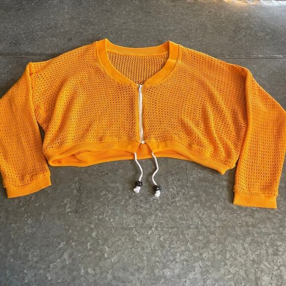 Vintage Crochet Knit Cardigan Zip Sweater Womens M/L Orange Yellow Oversized Y2K - Picture 1 of 7